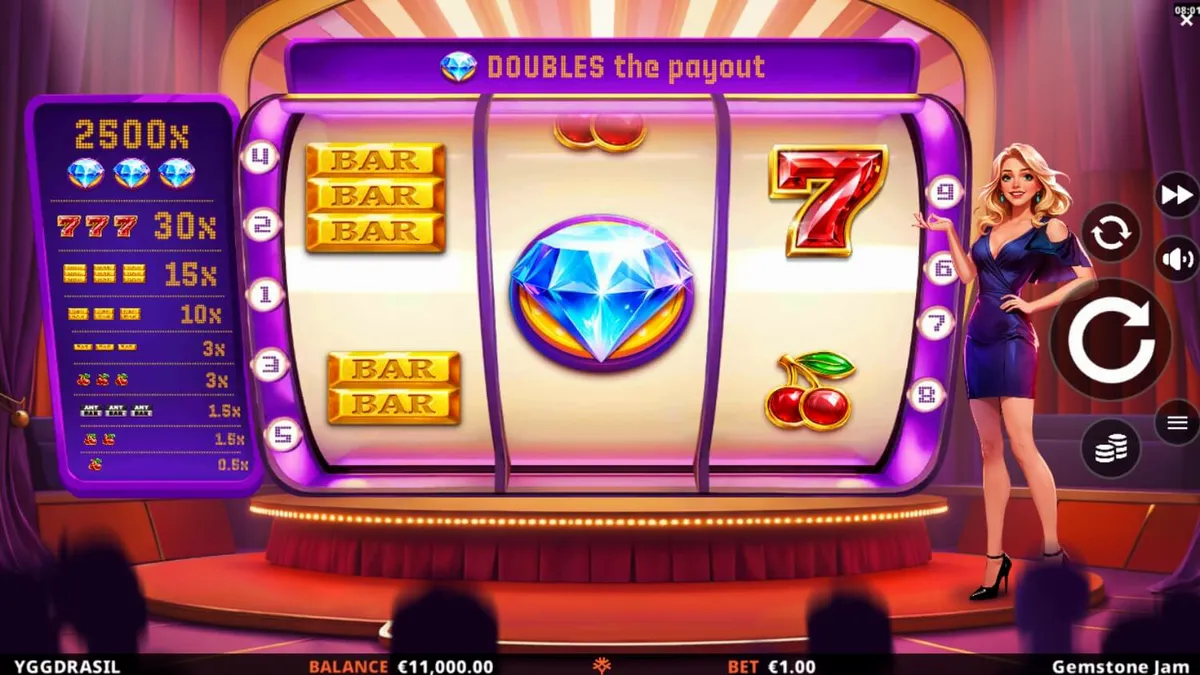 Tampilan visual slot Gemstone Jam dengan latar belakang panggung kuis mewah dan simbol klasik.