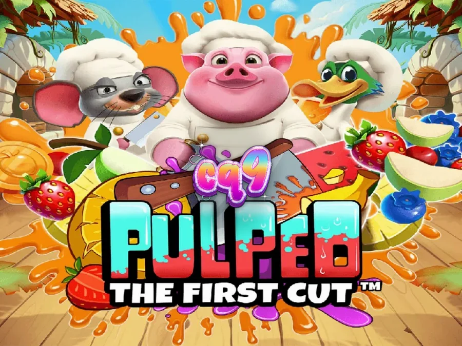 Tampilan layar permainan slot Pulped: The First Cut dengan koki hewan dan buah-buahan